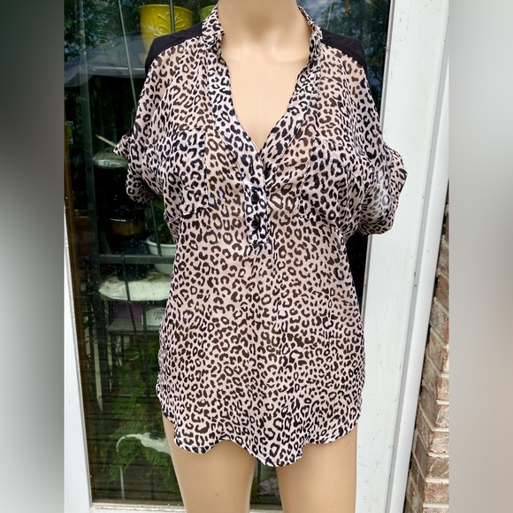 Cheetah Print Black & Beige Sheer Rue21 Short Sleeve T-shirt Blouse - Picture 2 of 7